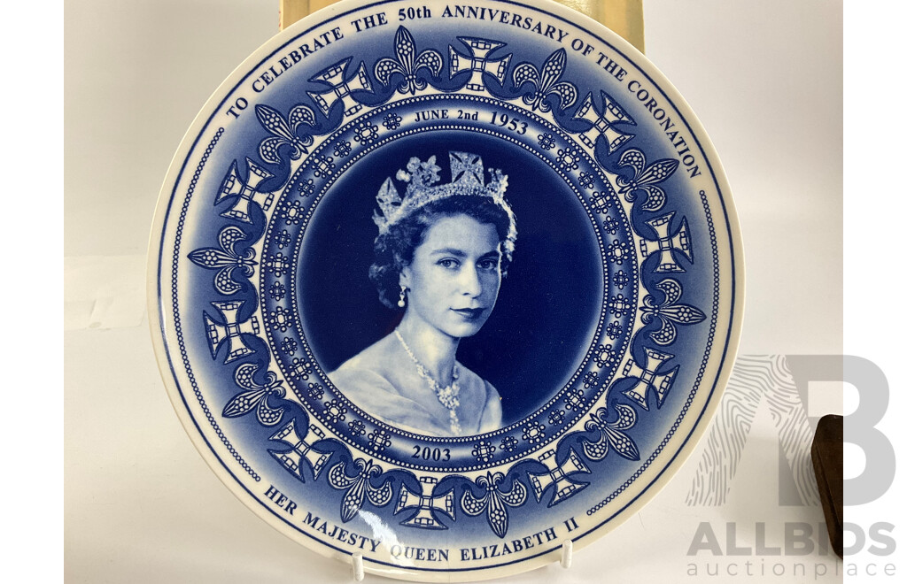 Collection of British Royals Memorabilia Including 1937 King George Sixth Coronation Mug, Wedgwood Queen Elizabeth II 50th Anniversary Coronation Plate, 1953 Wade Coronation Dish, Coronation Pin, Book and Crown Broach