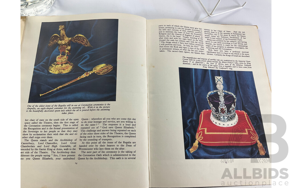 Collection of British Royals Memorabilia Including 1937 King George Sixth Coronation Mug, Wedgwood Queen Elizabeth II 50th Anniversary Coronation Plate, 1953 Wade Coronation Dish, Coronation Pin, Book and Crown Broach