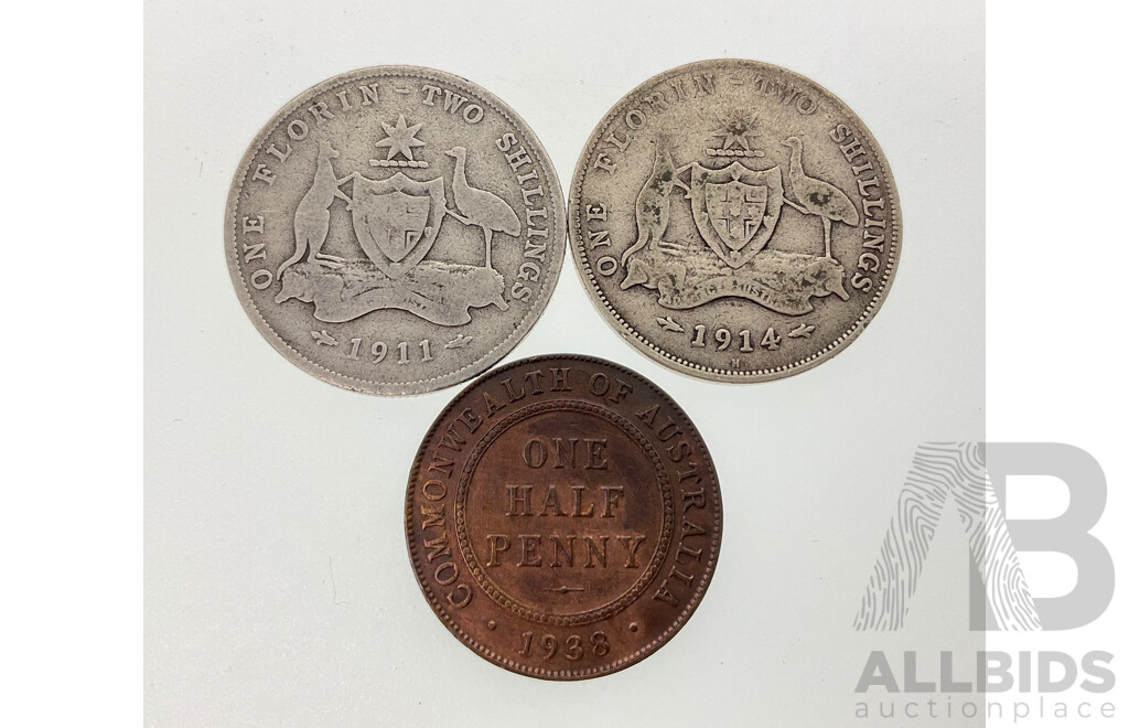 Australian Silver Florins KGV 1911 and 1914H with 1938 Half Penny