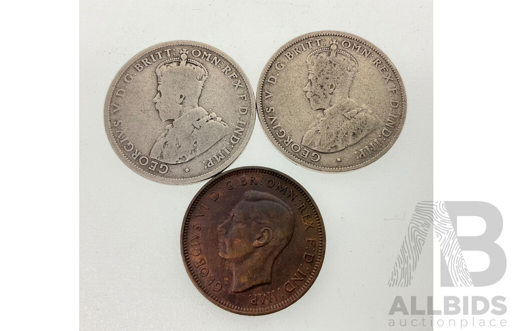 Australian Silver Florins KGV 1911 and 1914H with 1938 Half Penny