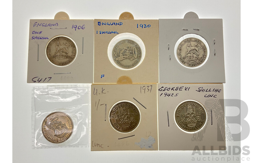 Collection of United Kingdom Silver One Shilling Coins Including 1906, 1919, 1930, 1936, 1937, 1942
