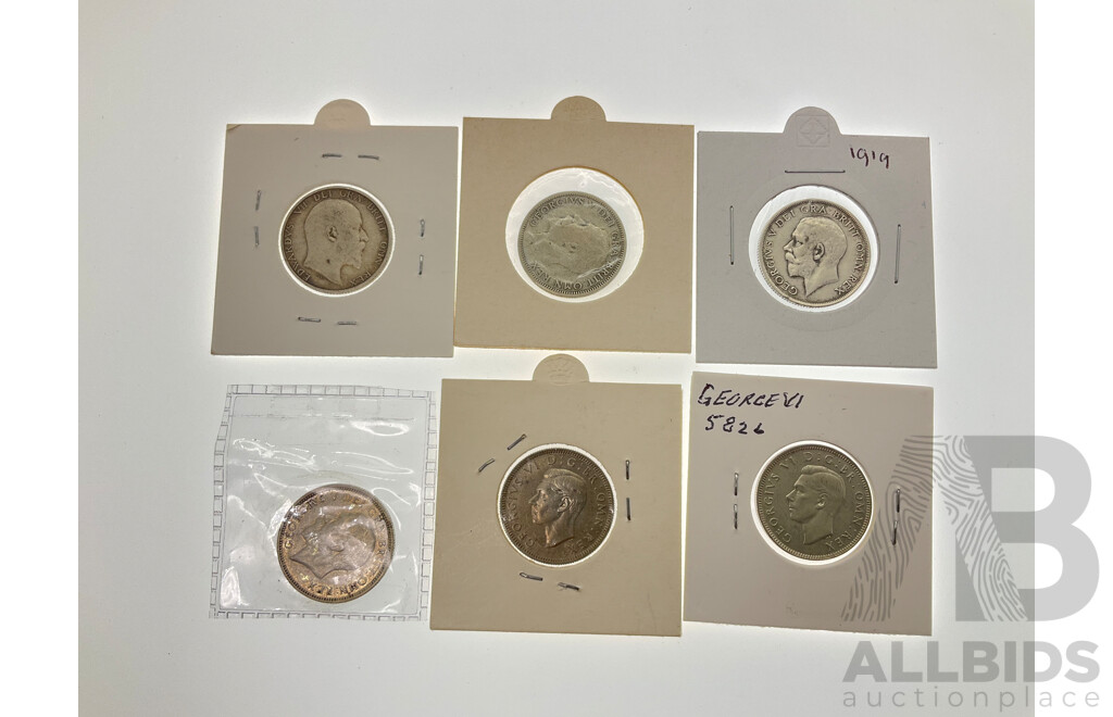 Collection of United Kingdom Silver One Shilling Coins Including 1906, 1919, 1930, 1936, 1937, 1942