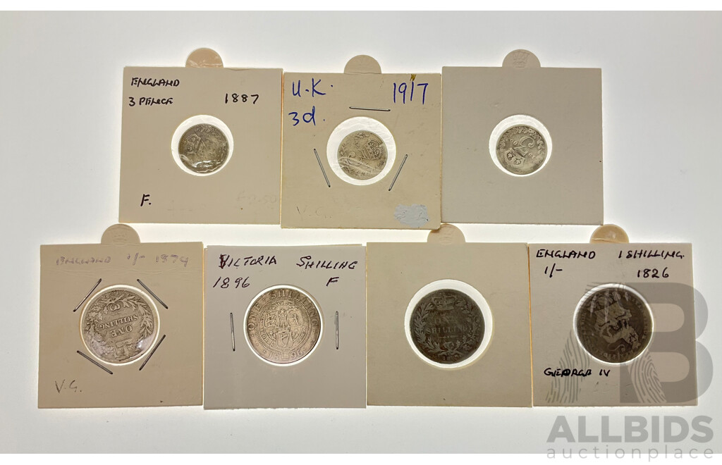 Collection of United Kingdom Silver Shilling Coins Including 1826, 1879, 1880, 1896 and Three Pence 1887, 1900, 1917 (.925)