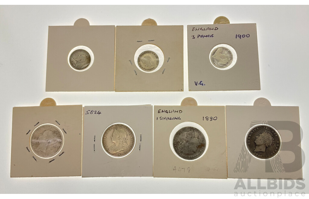 Collection of United Kingdom Silver Shilling Coins Including 1826, 1879, 1880, 1896 and Three Pence 1887, 1900, 1917 (.925)