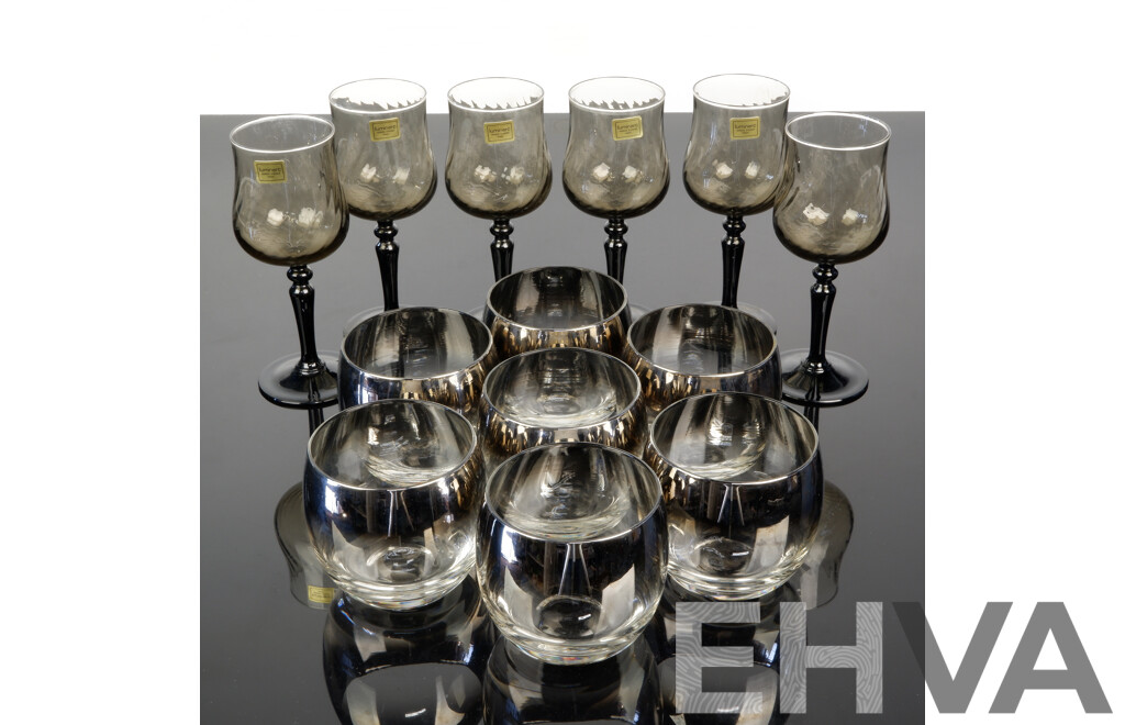 Set Seven Mid Century Platinum Fade Roly Poly Lusterware Tumblers by Vitrean Queens Along with Set Six French Luminarc Smokey Glass Wine Glasses