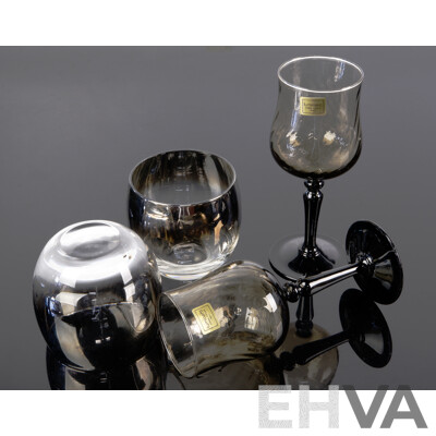 Set Seven Mid Century Platinum Fade Roly Poly Lusterware Tumblers by Vitrean Queens Along with Set Six French Luminarc Smokey Glass Wine Glasses