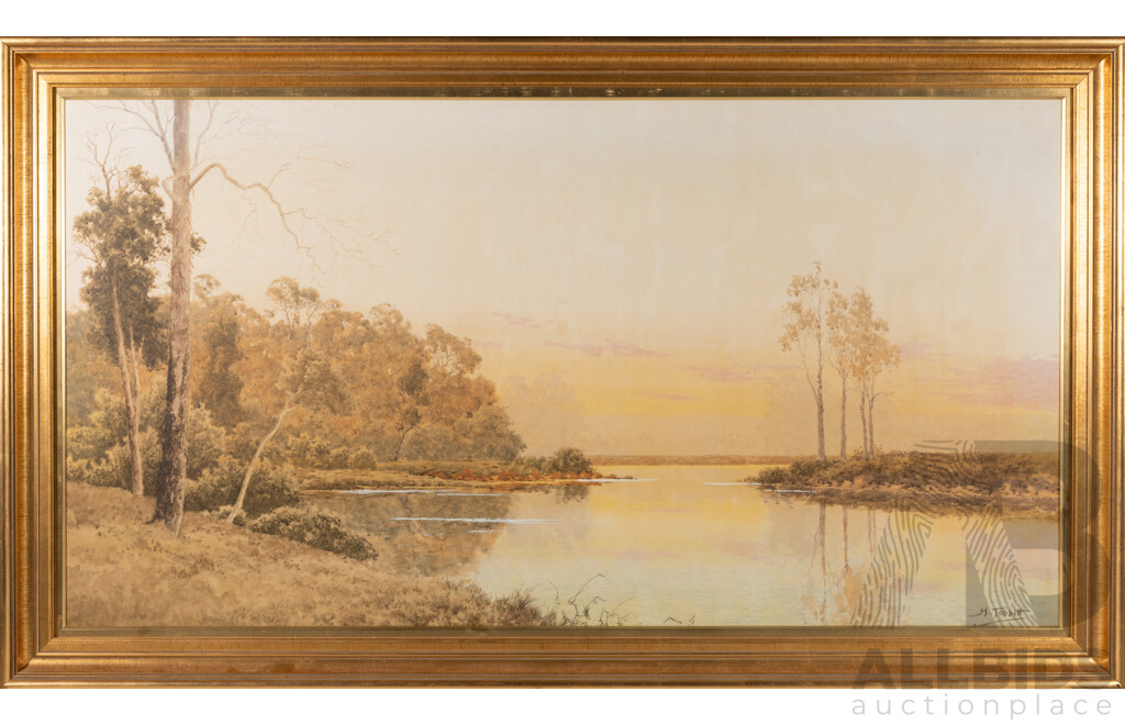 Henri Tebbitt, (19th Century/Early 20th Century, French-Born Australian, 1852-1926) Calm Morning Lake, Watercolour, 70 x 121 cm (frame)