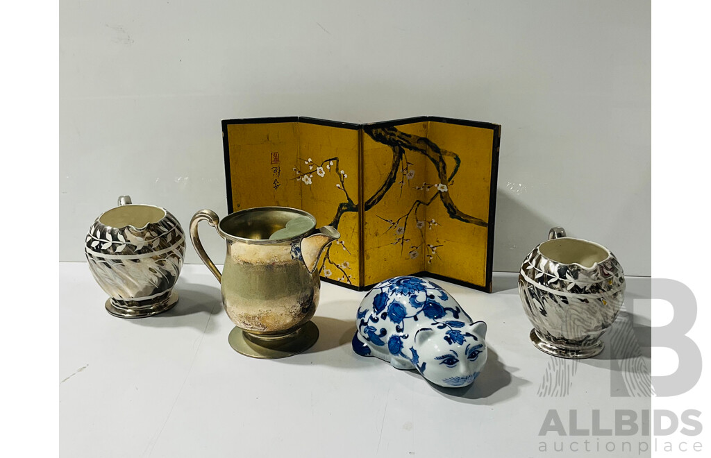 Collection of Decorative Homeware Including Pair Sadler Ceramic Jugs, Small Japanese Folding Screen, Pewter Jug and Porcelain Cat