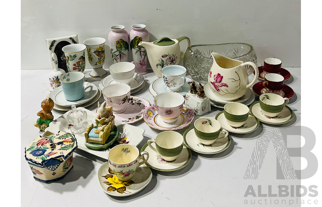 Collection of Glass and Porcelain Decorator Items Including Royal Tara Frame, Colclough Cup, Bristol “badminton Pattern Kettle and More