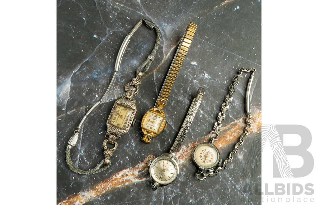 Collection of (4) Vintage Ladies Dress Watches Including Elgin, Waltham, Royce & German Made Silver Marcasite Watch