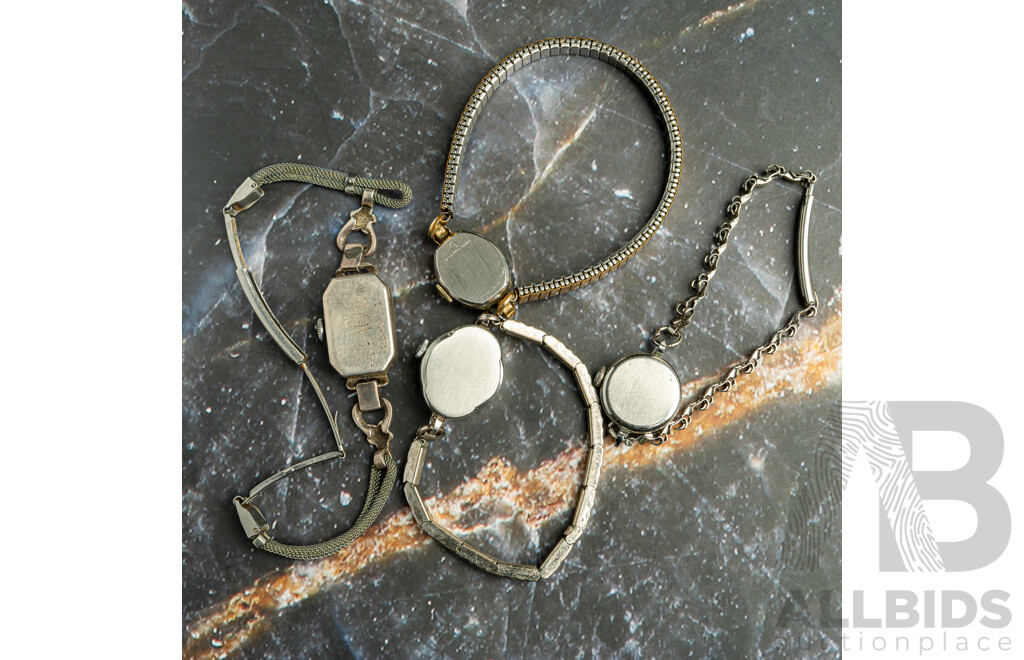 Collection of (4) Vintage Ladies Dress Watches Including Elgin, Waltham, Royce & German Made Silver Marcasite Watch