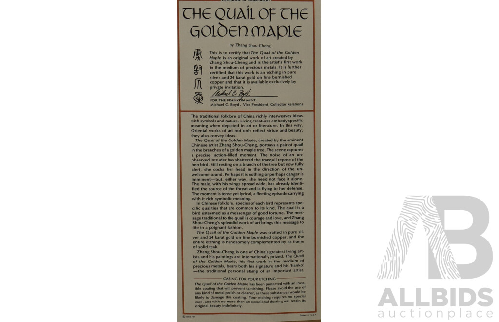 Zang Shou-Cheng (20th Century, Chinese, 1918-2013), Pure Silver Etching with 24 Karat Gold on Fine Burnished Copper, Collection of Four Bird Themed Works, 38 x 22 cm (frames) (4)
