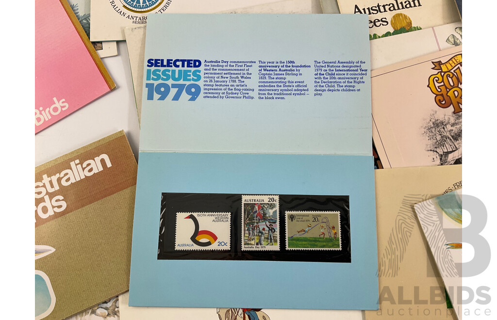 Assortment of Australian Late 1970's Early 1980's Stamp Packs Including Selected Issues, Christmas, Stamp Week, Steam Locomotives, Australian Aircraft and More