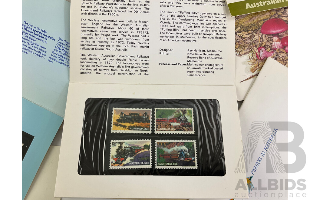Assortment of Australian Late 1970's Early 1980's Stamp Packs Including Selected Issues, Christmas, Stamp Week, Steam Locomotives, Australian Aircraft and More