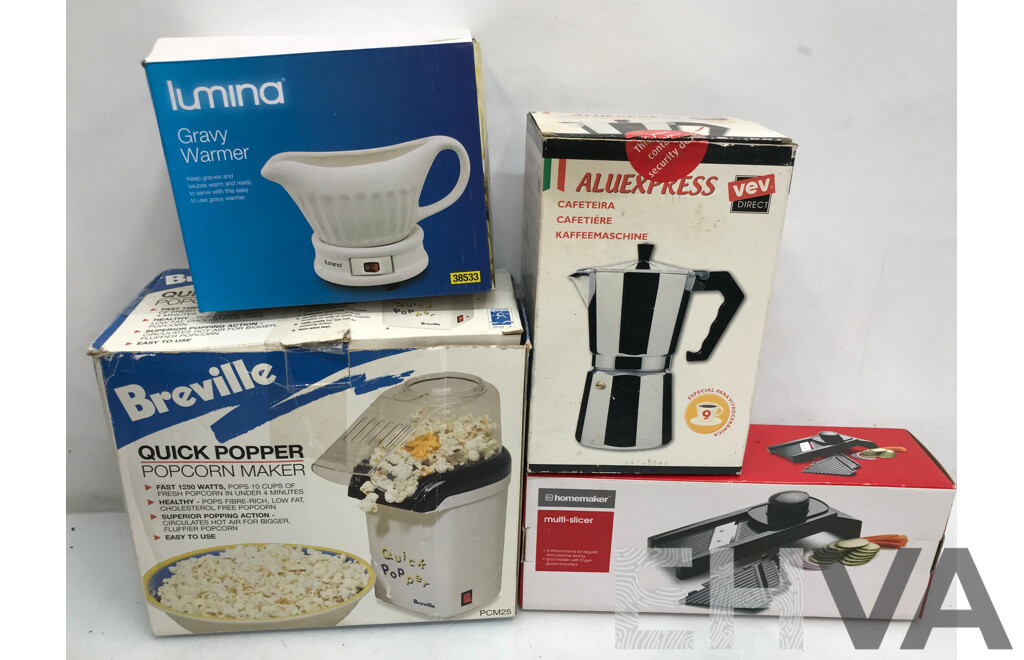 Breville Popcorn Maker, Lumina Gravy Warmer, Aluexpress Coffee Maker, and Homemaker Multi-Slicer - Lot of 4