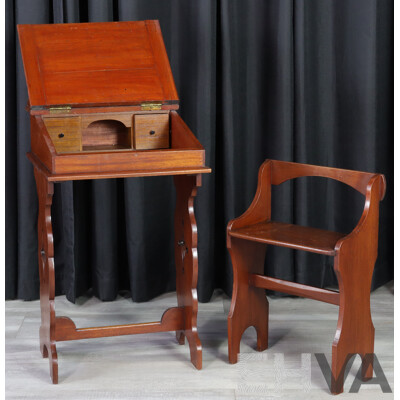 Antique Timber Lift Top School Desk with Bench Seat