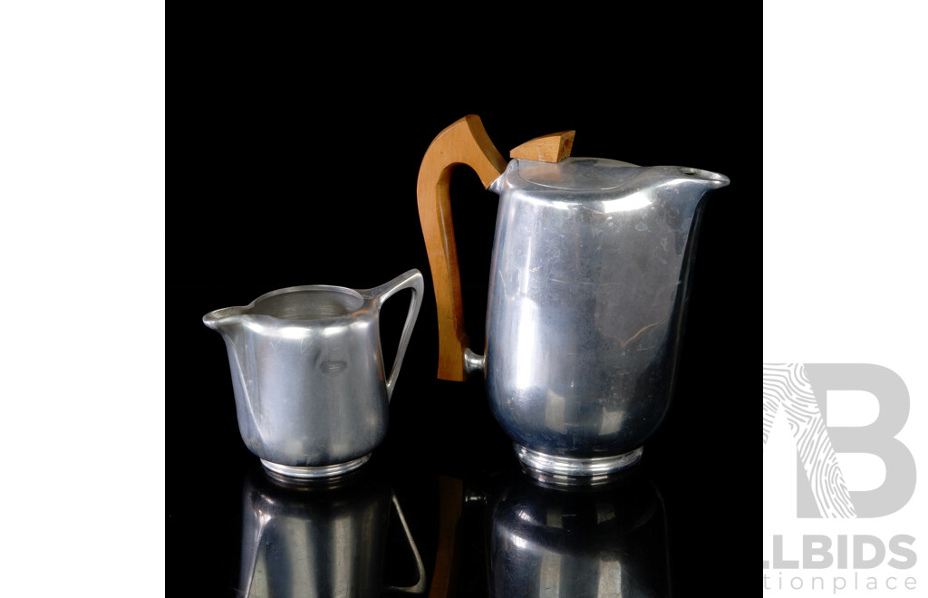 Retro English Made Picquot Ware Magnalium Teapot with Wooden Handle Along with Matching Creamer