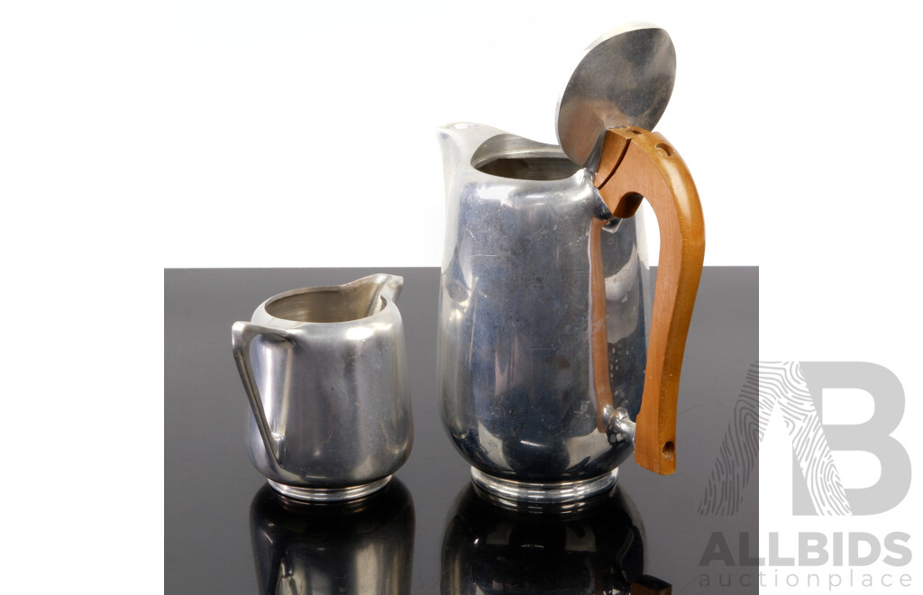 Retro English Made Picquot Ware Magnalium Teapot with Wooden Handle Along with Matching Creamer