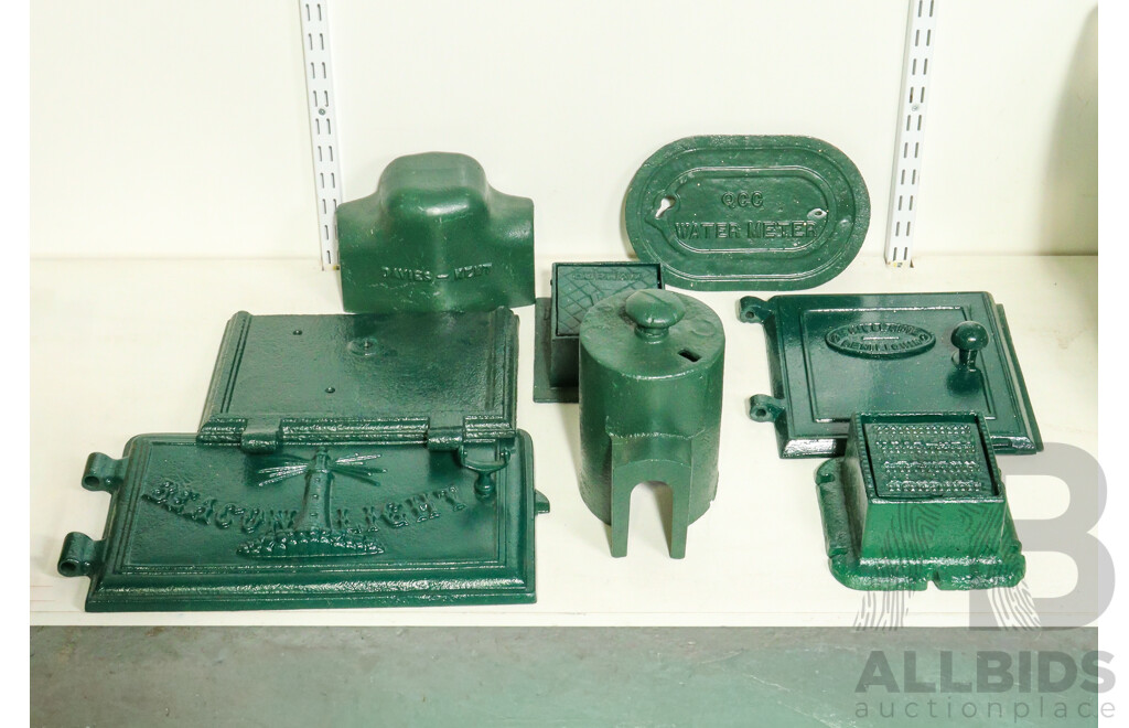 Vintage Painted Cast Iron Items Including Beacon Light Oven Door, Davies-Kent Gas Mains Cover, A.Godfrey Plumbers Bendigo Tap Cover, Durham Water Valve Cover, Oven Door