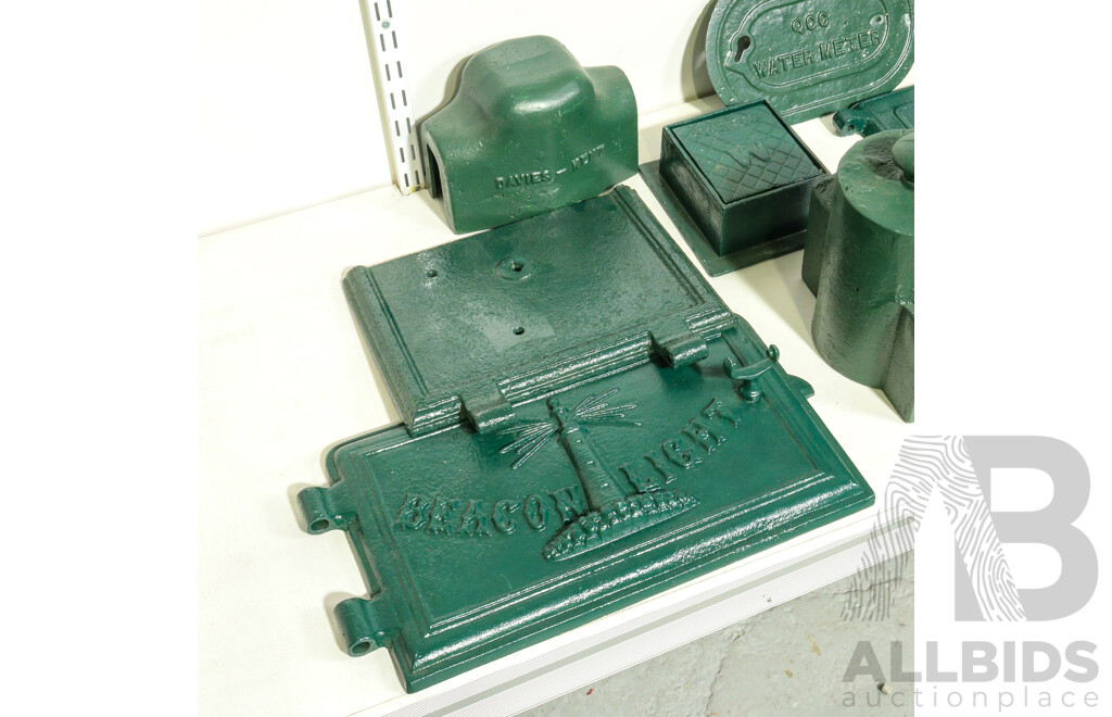 Vintage Painted Cast Iron Items Including Beacon Light Oven Door, Davies-Kent Gas Mains Cover, A.Godfrey Plumbers Bendigo Tap Cover, Durham Water Valve Cover, Oven Door