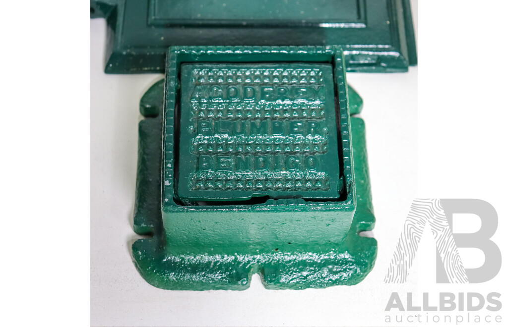 Vintage Painted Cast Iron Items Including Beacon Light Oven Door, Davies-Kent Gas Mains Cover, A.Godfrey Plumbers Bendigo Tap Cover, Durham Water Valve Cover, Oven Door