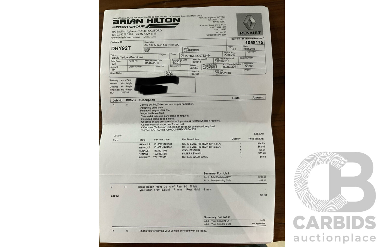 06/2016 Renault Clio R.S. 200 SPORT FWD X98 5D Hatchback Liquid Yellow Metallic Turbo 1.6L