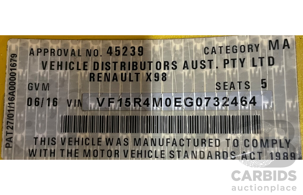 06/2016 Renault Clio R.S. 200 SPORT FWD X98 5D Hatchback Liquid Yellow Metallic Turbo 1.6L