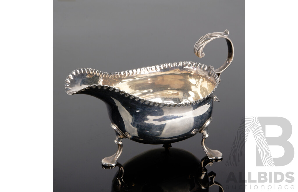 Antique English Sterling Silver Georgian Sauce Boat with Curve Back Handle and Tripod Feet, London 1776,  Weight 88Gm