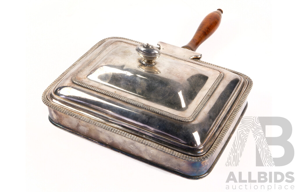 Antique English Sheffield Plate Hinged Water Filled Bacon Warmer with Wooden Handle