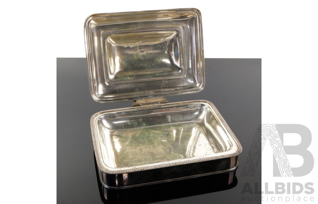 Antique English Sheffield Plate Hinged Water Filled Bacon Warmer with Wooden Handle