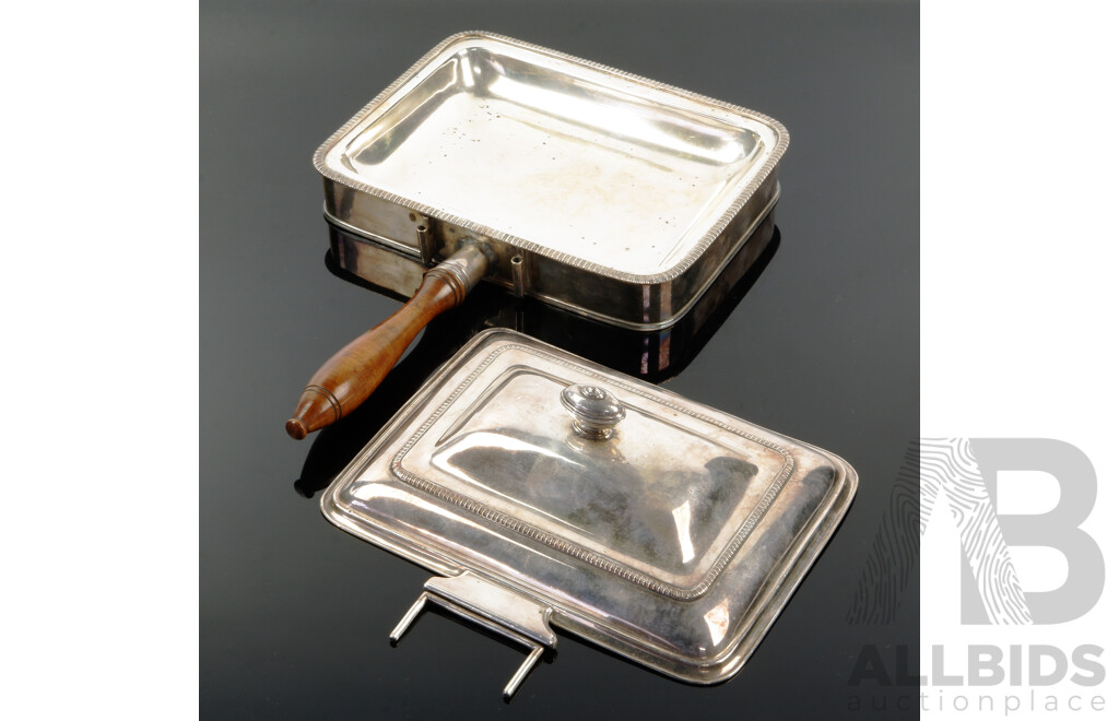 Antique English Sheffield Plate Hinged Water Filled Bacon Warmer with Wooden Handle