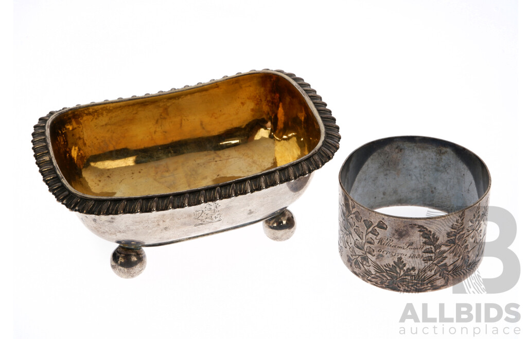 Antique Sterling Silver Gilded Salt Cellar, London 1815 Along with Sterling Silver Napkin Ring with Engraved Detail, London 1883, Total Weight 96gm