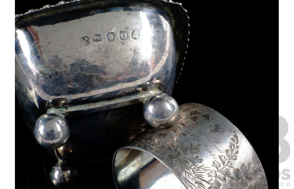 Antique Sterling Silver Gilded Salt Cellar, London 1815 Along with Sterling Silver Napkin Ring with Engraved Detail, London 1883, Total Weight 96gm