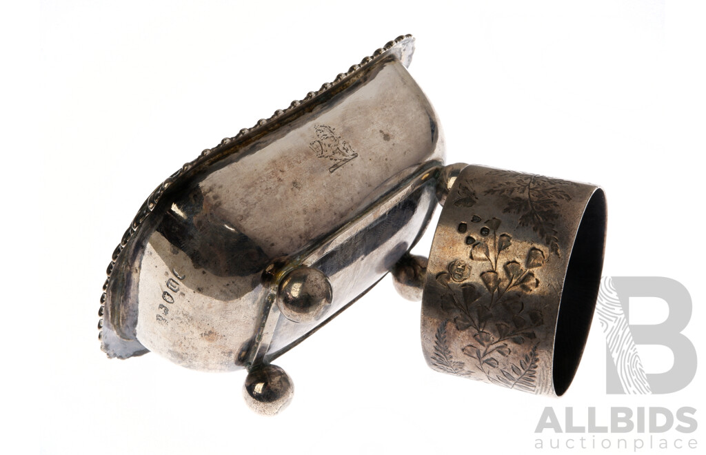 Antique Sterling Silver Gilded Salt Cellar, London 1815 Along with Sterling Silver Napkin Ring with Engraved Detail, London 1883, Total Weight 96gm
