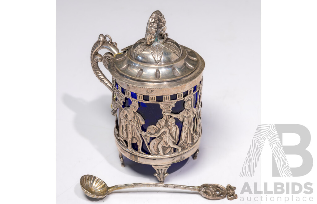 Antique German .800 Silver Lidded Mustard Pot with Spoon and Blue Glass Liner