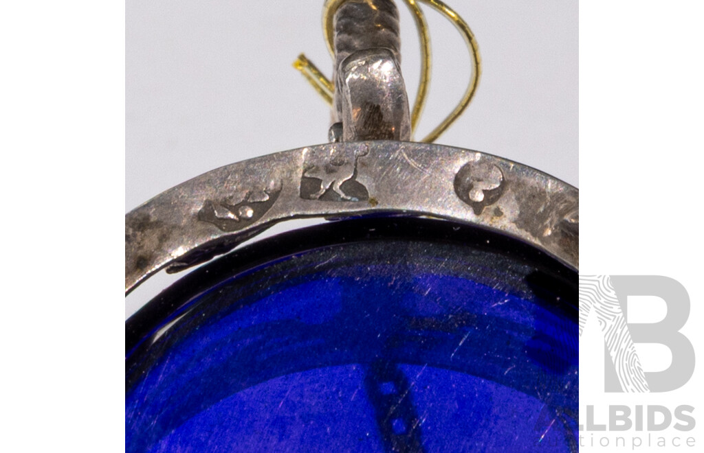 Antique German .800 Silver Lidded Mustard Pot with Spoon and Blue Glass Liner