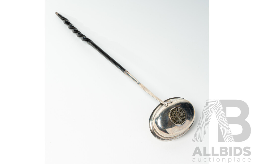 Antique Sterling Silver Toddy Ladle with Guinea Dated 1787 and Baleen Twist Handle, Circa 1812