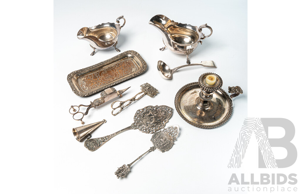 Collection Early Silver Plate Including Old Sheffield Plate Snuffer and Tray, Pair Silver Plate Netherlands Servers and Muffin Tongs, Two Walker & Hall Silver Plate Gravy Boats and More