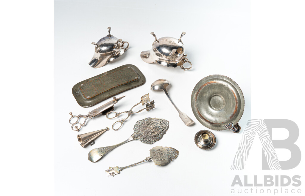 Collection Early Silver Plate Including Old Sheffield Plate Snuffer and Tray, Pair Silver Plate Netherlands Servers and Muffin Tongs, Two Walker & Hall Silver Plate Gravy Boats and More
