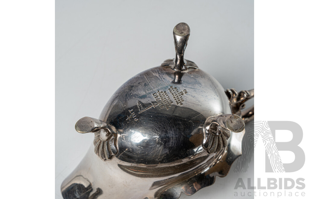 Collection Early Silver Plate Including Old Sheffield Plate Snuffer and Tray, Pair Silver Plate Netherlands Servers and Muffin Tongs, Two Walker & Hall Silver Plate Gravy Boats and More