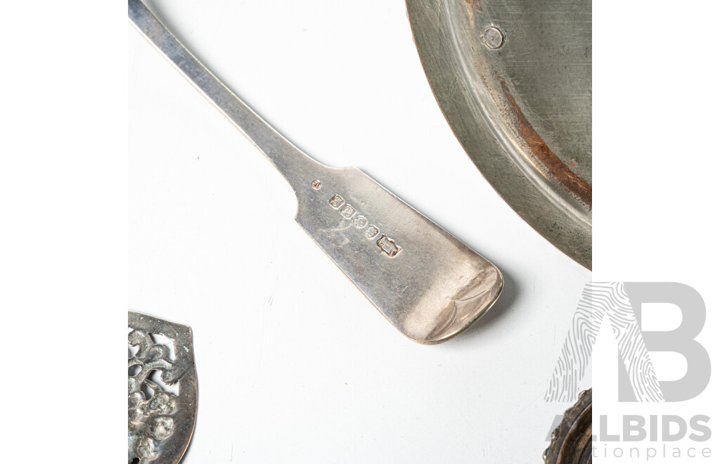 Collection Early Silver Plate Including Old Sheffield Plate Snuffer and Tray, Pair Silver Plate Netherlands Servers and Muffin Tongs, Two Walker & Hall Silver Plate Gravy Boats and More