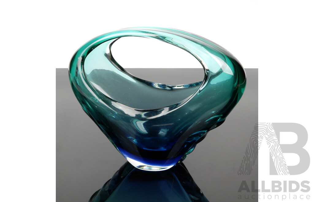 Mid Century Heavy Based Murano Style Sommerso Art Glass Basket Form Vase