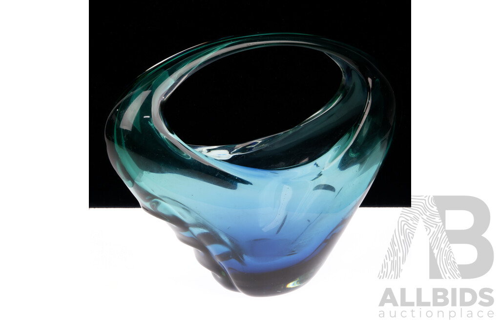 Mid Century Heavy Based Murano Style Sommerso Art Glass Basket Form Vase