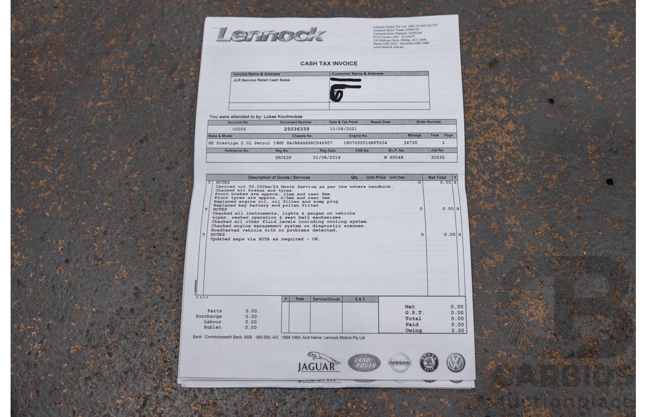 07/2019 Jaguar XE 20t Prestige (147kw) X760 MY19 4d Sedan Fuji White Turbo 2.0L