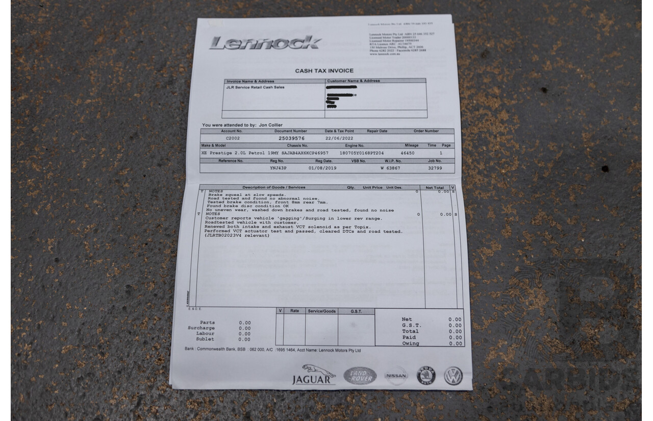 07/2019 Jaguar XE 20t Prestige (147kw) X760 MY19 4d Sedan Fuji White Turbo 2.0L