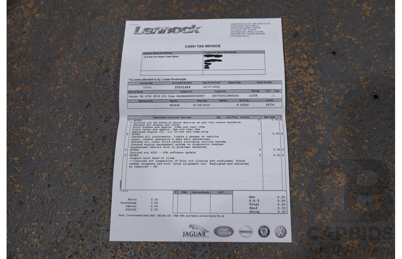 07/2019 Jaguar XE 20t Prestige (147kw) X760 MY19 4d Sedan Fuji White Turbo 2.0L
