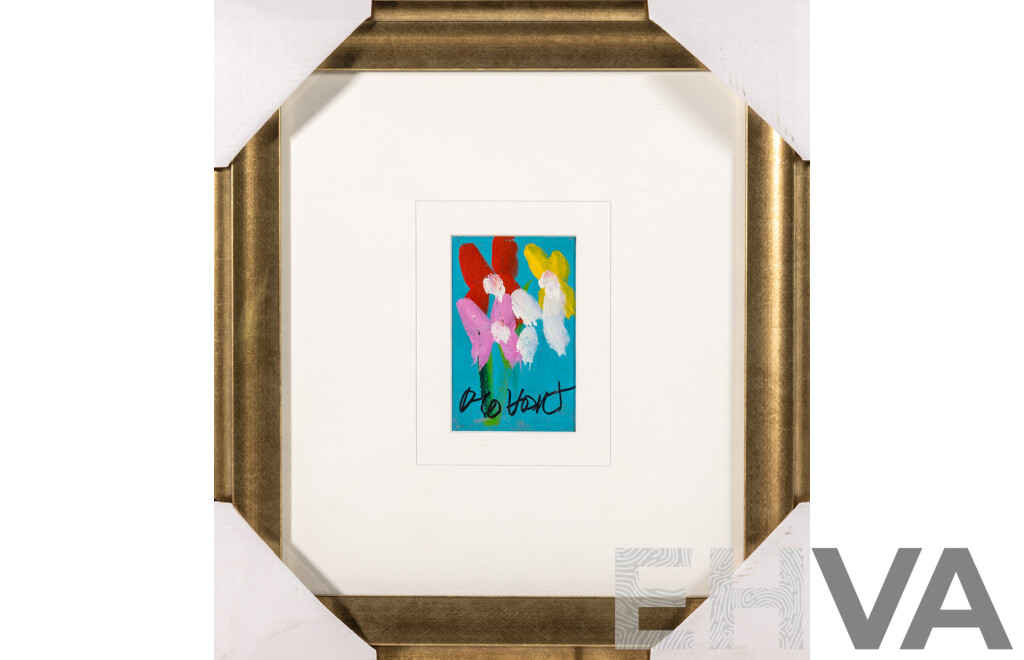 Pro Hart, (20th Century, Australian, 1928-2006), Floral Study, Oil on Bible Cover, 38 x 35 cm (frame)