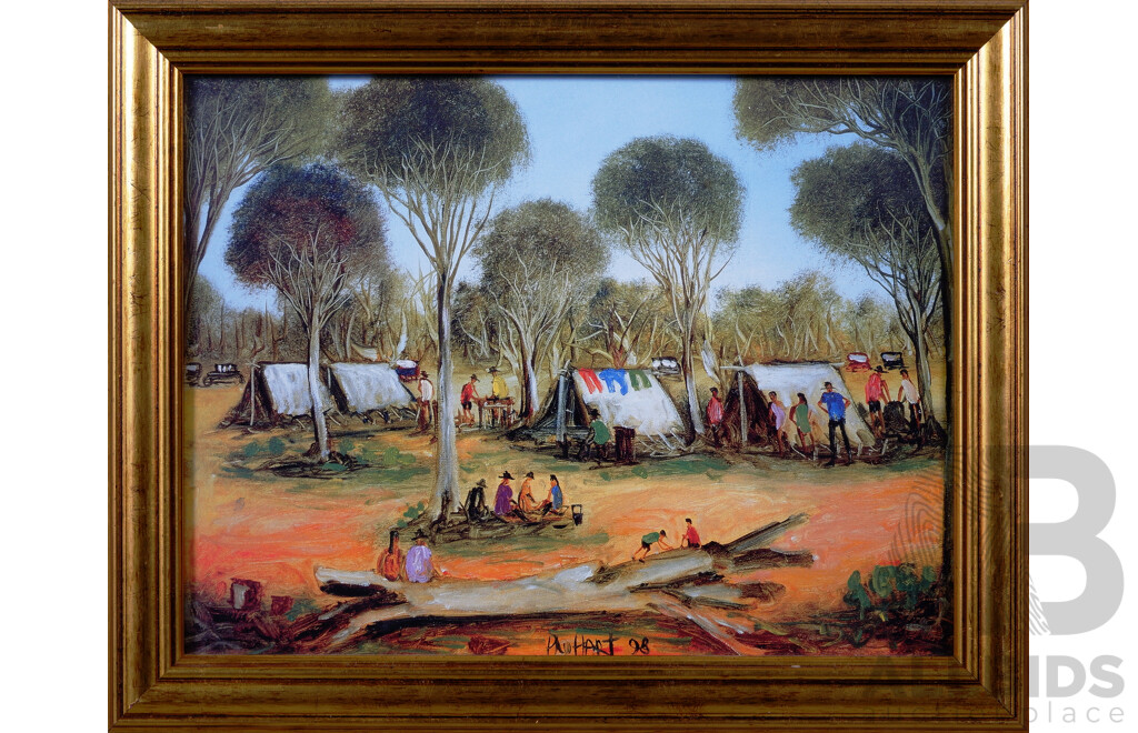 Pro Hart (20th Century, Australian, 1928-2006), Scout Camp, Quality Print of Original Oil, (1998) 32 x 40 cm (frame)