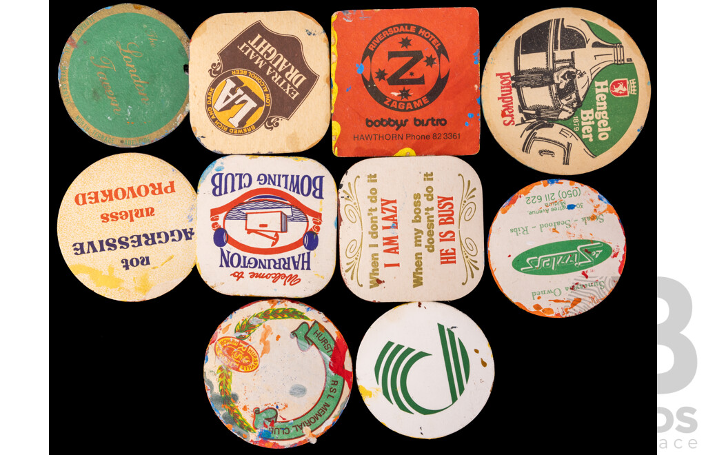 Gert Admiraal, (20th Century, Dutch-Australian), Visions of the Outback, Unique Set of Ten Original Miniature Works on Vintage Drinks Coasters, 10.5 x 10.5 cm (largest) (10)