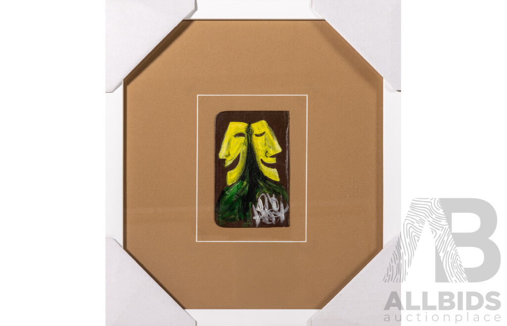 Pro Hart, (20th Century, Australian, 1928-2006), Faces, Original Oil on Bible Cover, Signed & Framed, 34 x 31 cm (frame)